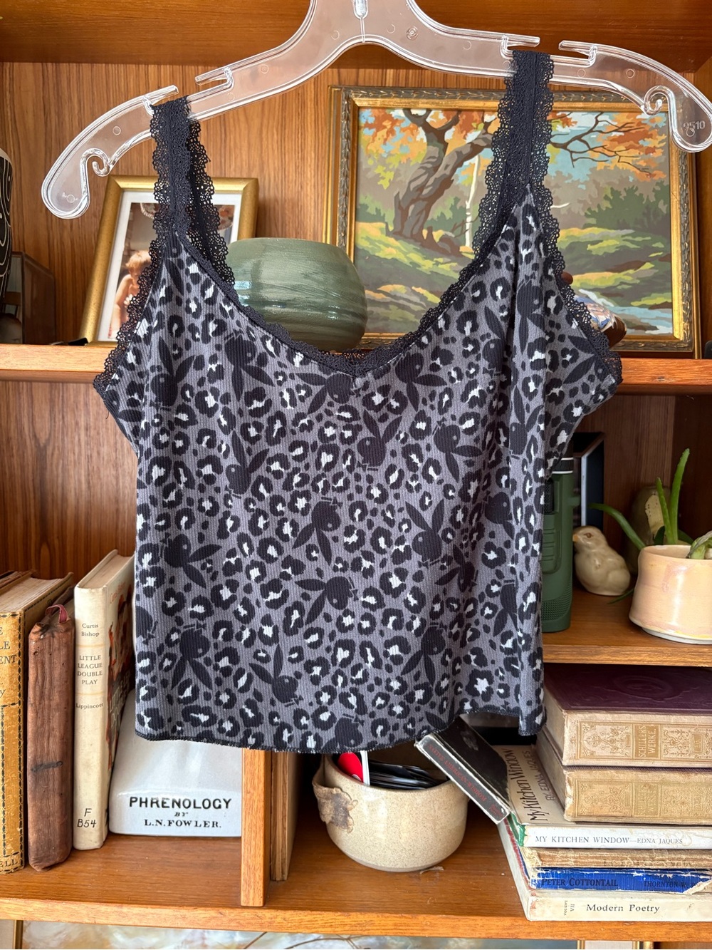 Playboy Vintage Y2K Grey Leopard Lace Trim Cami Top M